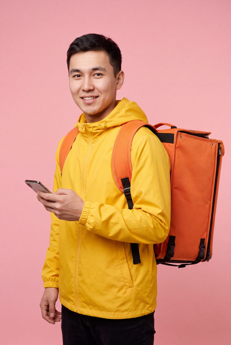 Self-employed courier with a delivery bag and a smartphone
